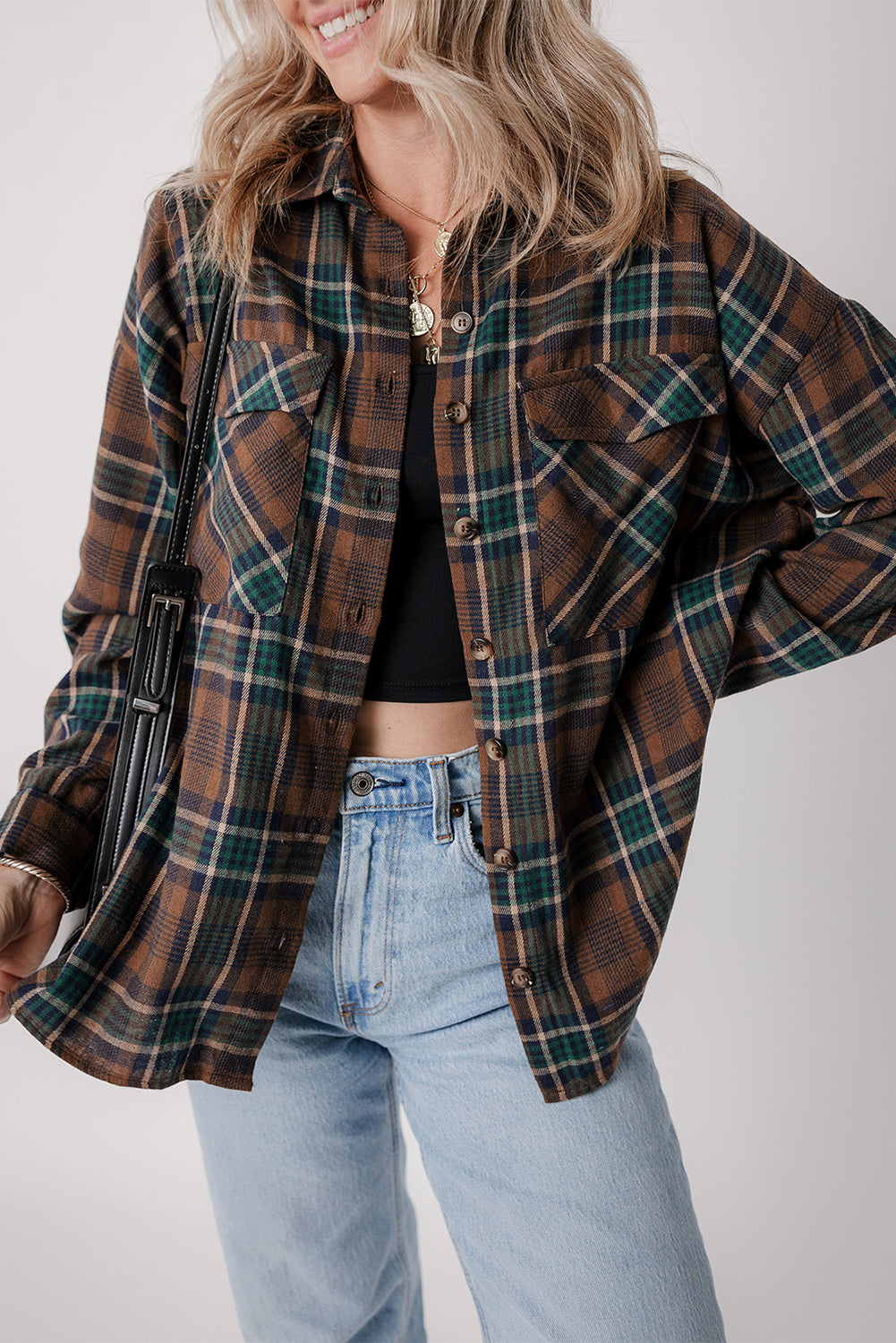 Brown Plaid Print Chest Pockets Buttoned Shirt Jacket