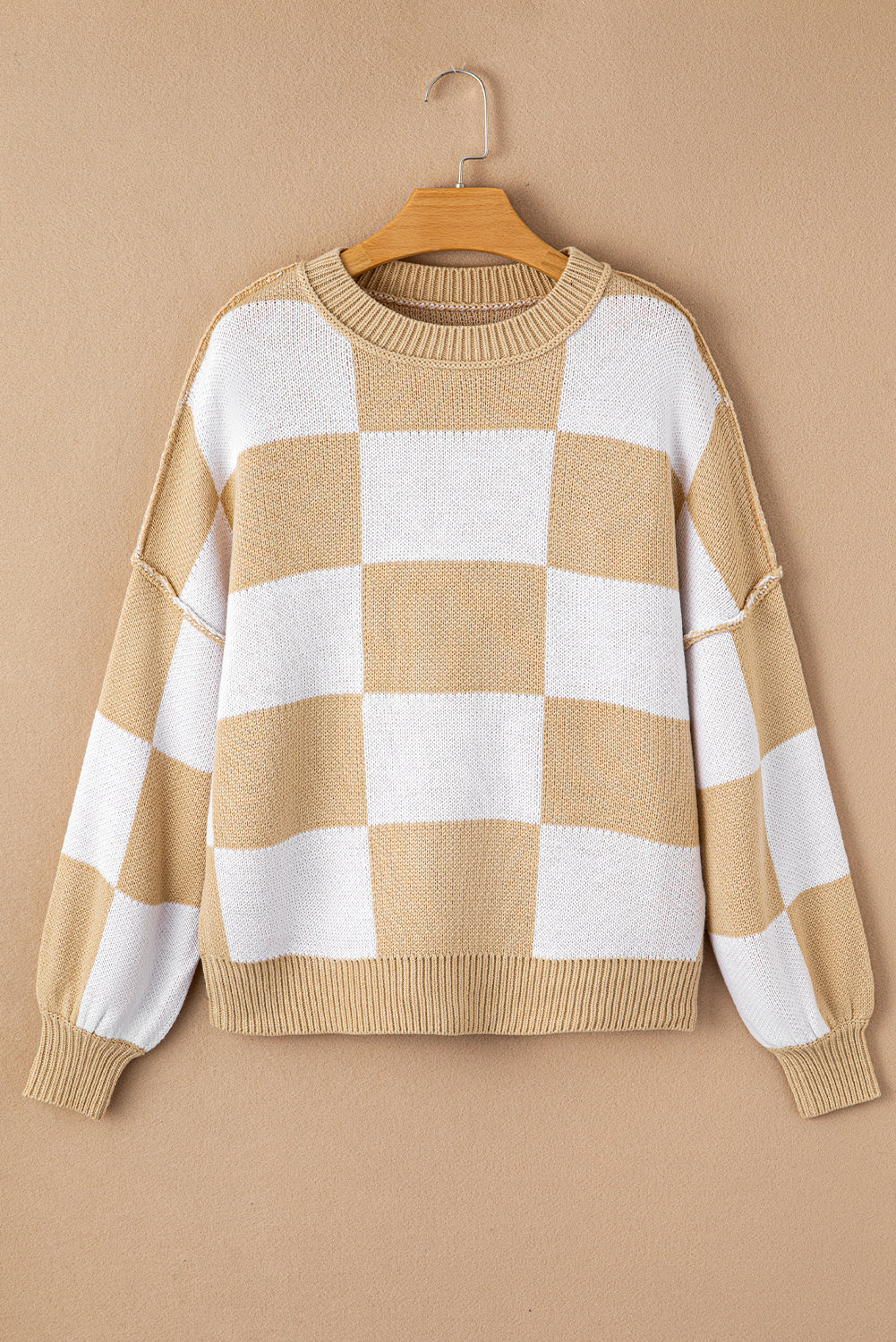 Khaki Checkered Bishop Sleeve Sweater