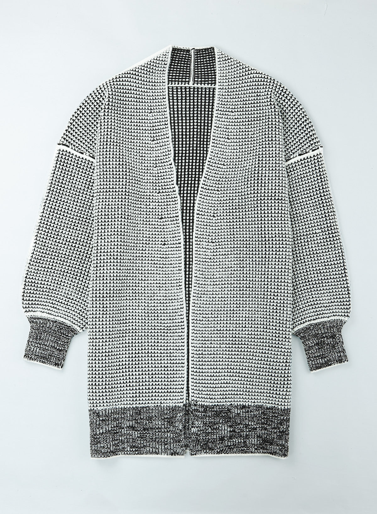 Gray Plaid Knitted Long Open Front Cardigan